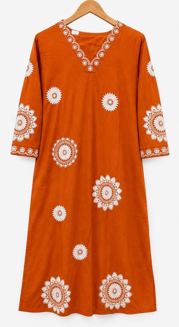 Rust Orange Floral Printed Kurti Co-ord Set