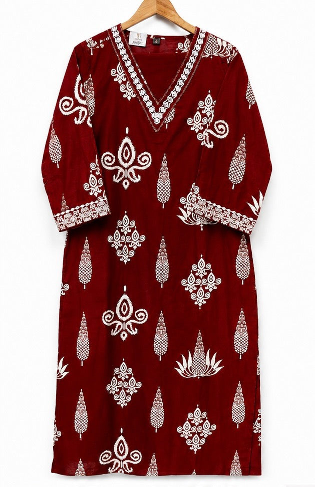Maroon Printed Cotton Kurta Co-ord Set