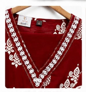 Maroon Printed Cotton Kurta Co-ord Set