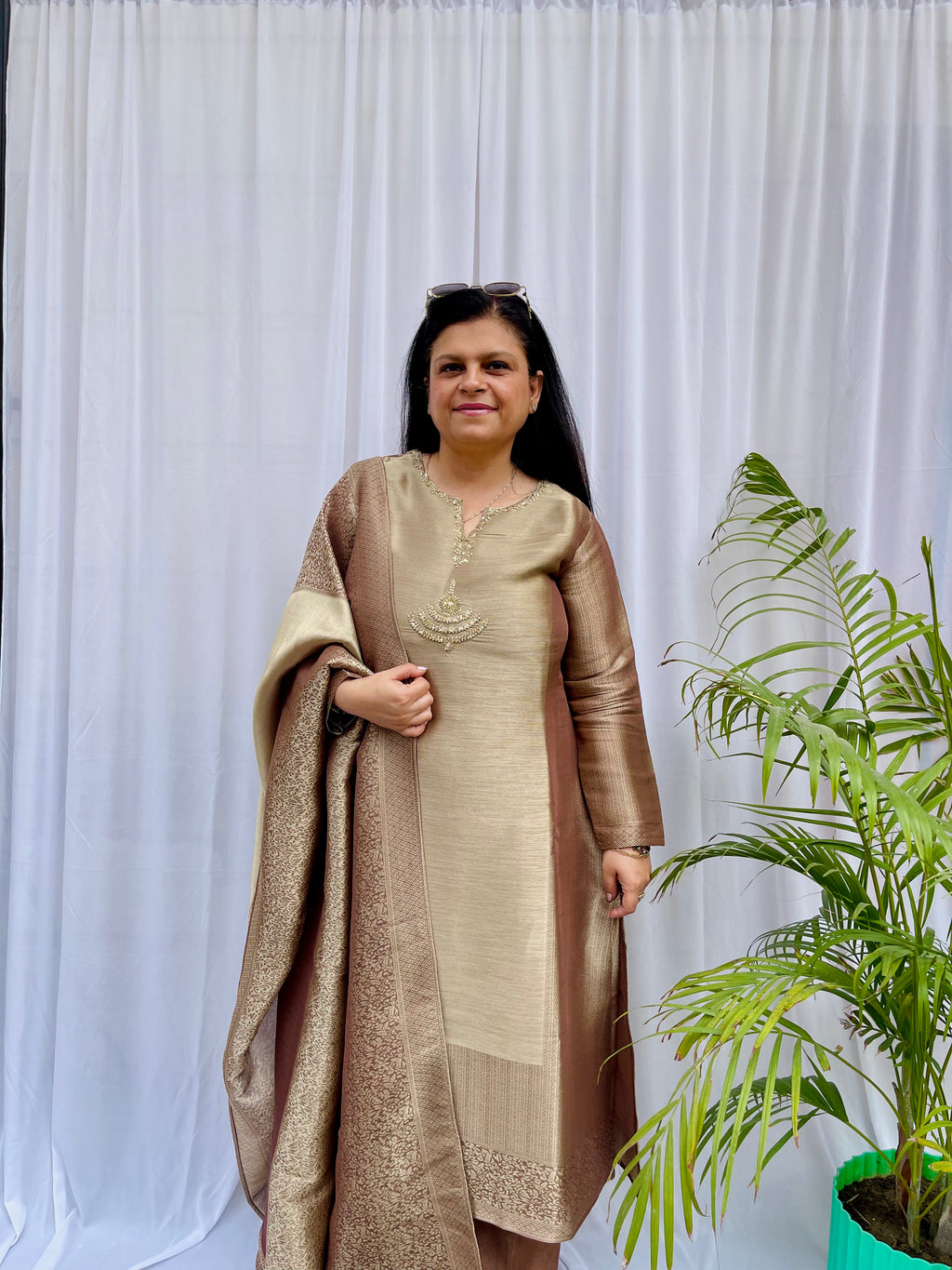 Beige and bronze silk blend kurta set with woven dupatta for women festive wear