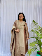 Beige and bronze silk blend kurta set with woven dupatta for women festive wear