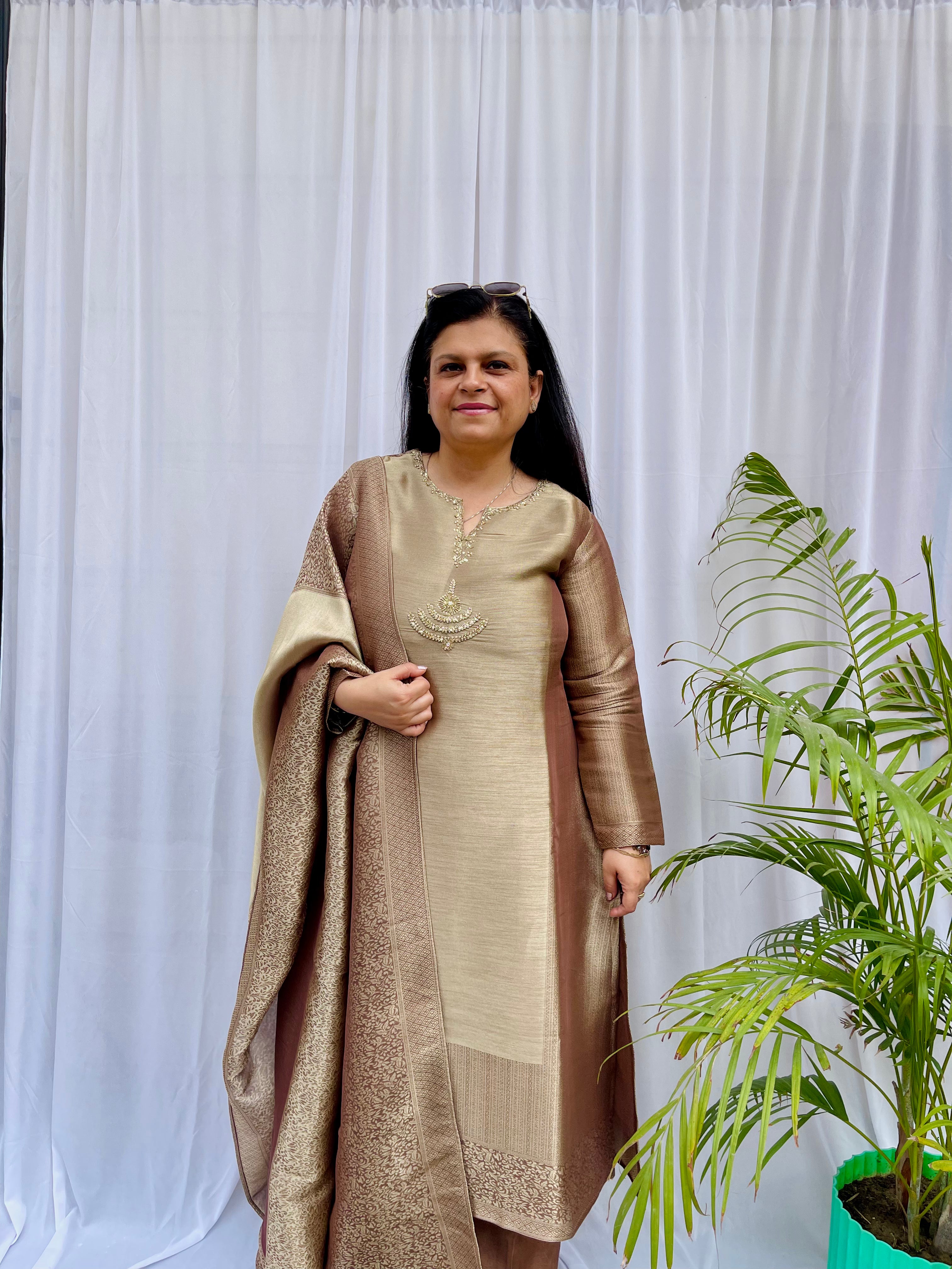 Beige and bronze silk blend kurta set with woven dupatta for women festive wear