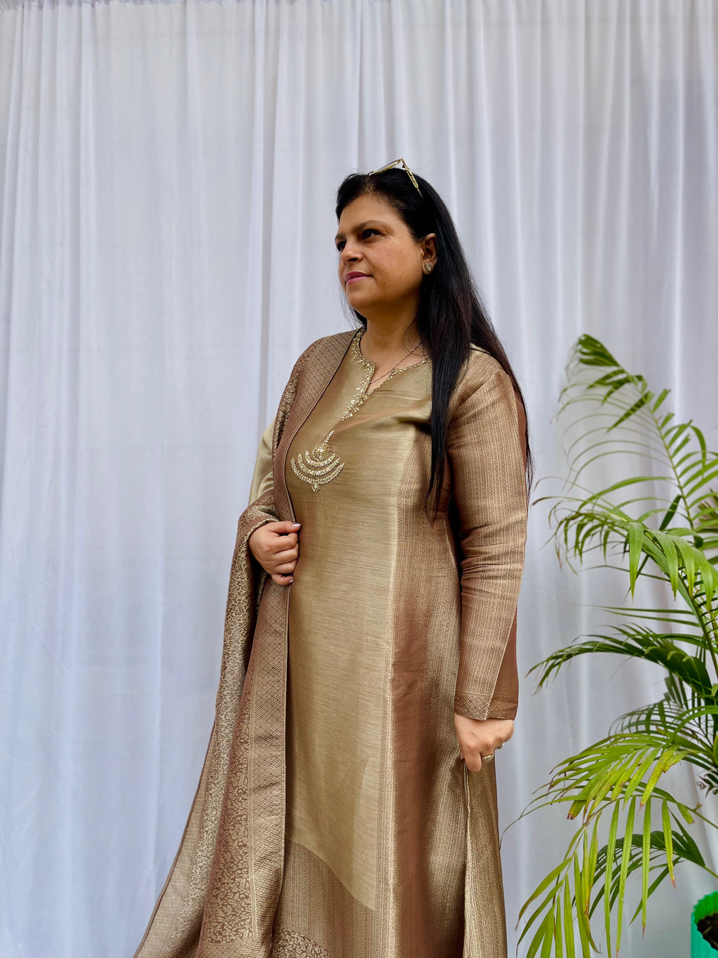 Beige and bronze silk blend kurta set with woven dupatta for women festive wear