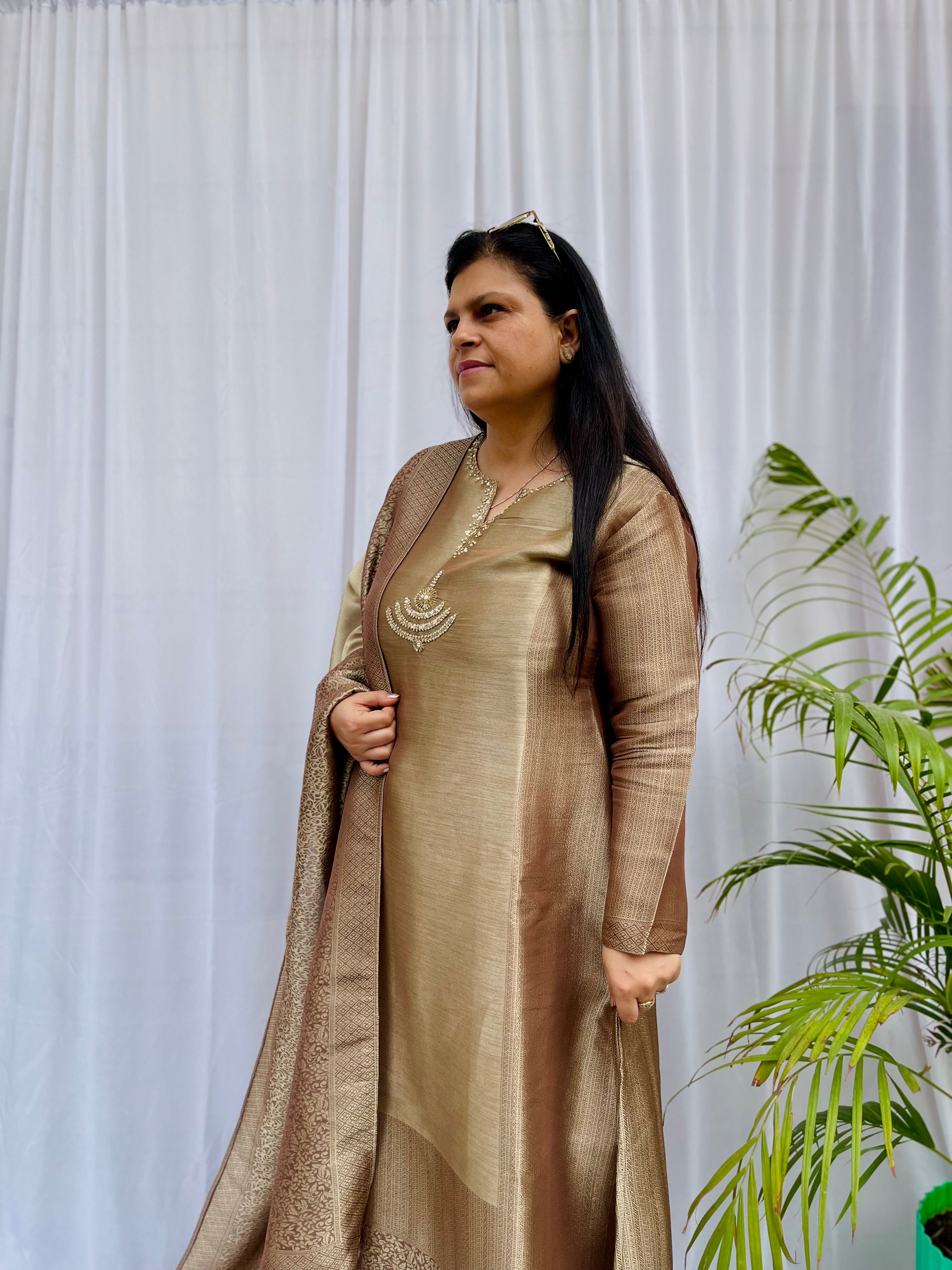 Beige and bronze silk blend kurta set with woven dupatta for women festive wear