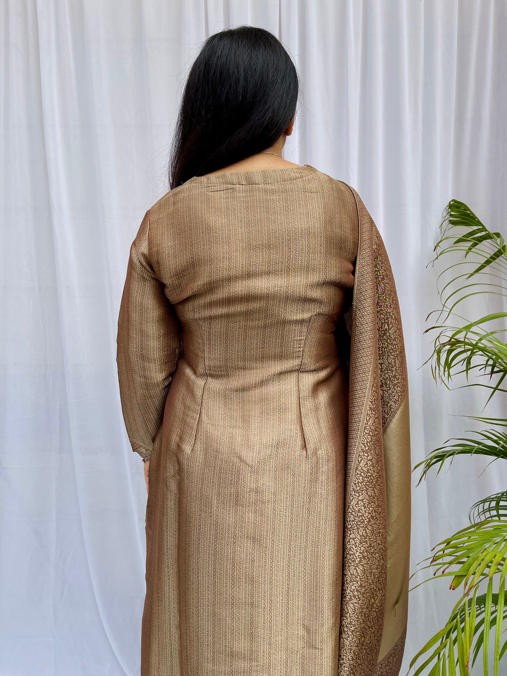 Beige and bronze silk blend kurta set with woven dupatta for women festive wear