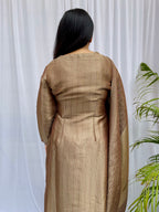 Beige and bronze silk blend kurta set with woven dupatta for women festive wear
