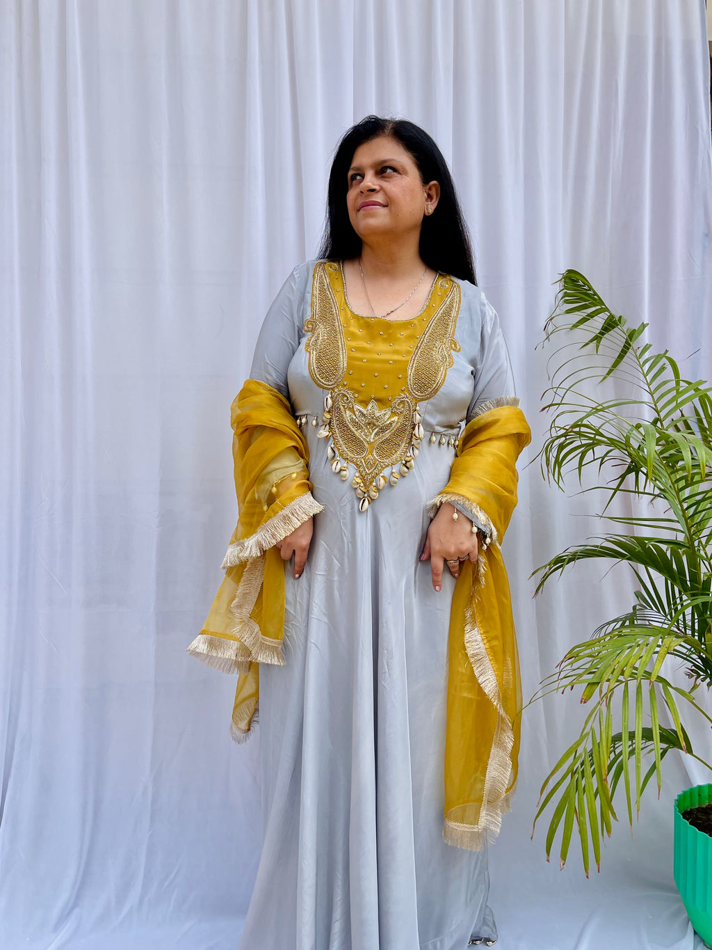 Grey and mustard embroidered luxe suit set with handwork dupatta for women wedding and festive wear
