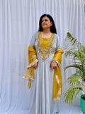 Grey and mustard embroidered luxe suit set with handwork dupatta for women wedding and festive wear
