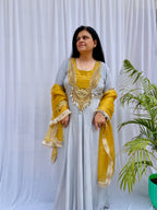 Grey and mustard embroidered luxe suit set with handwork dupatta for women wedding and festive wear