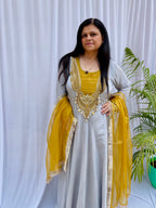 Grey and mustard embroidered luxe suit set with handwork dupatta for women wedding and festive wear