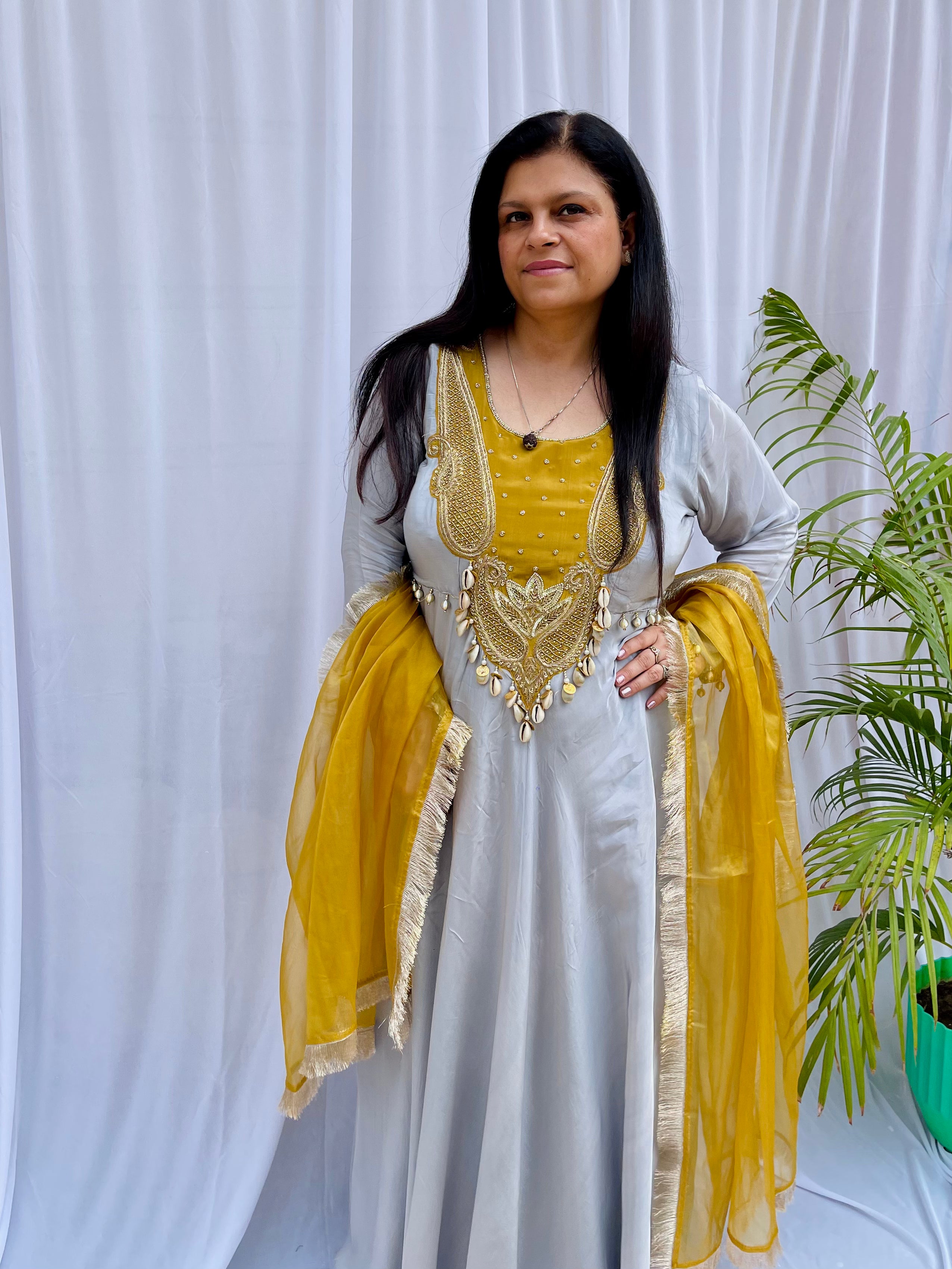 Grey and mustard embroidered luxe suit set with handwork dupatta for women wedding and festive wear