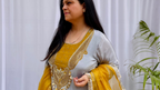 Grey and mustard embroidered luxe suit set with handwork dupatta for women wedding and festive wear