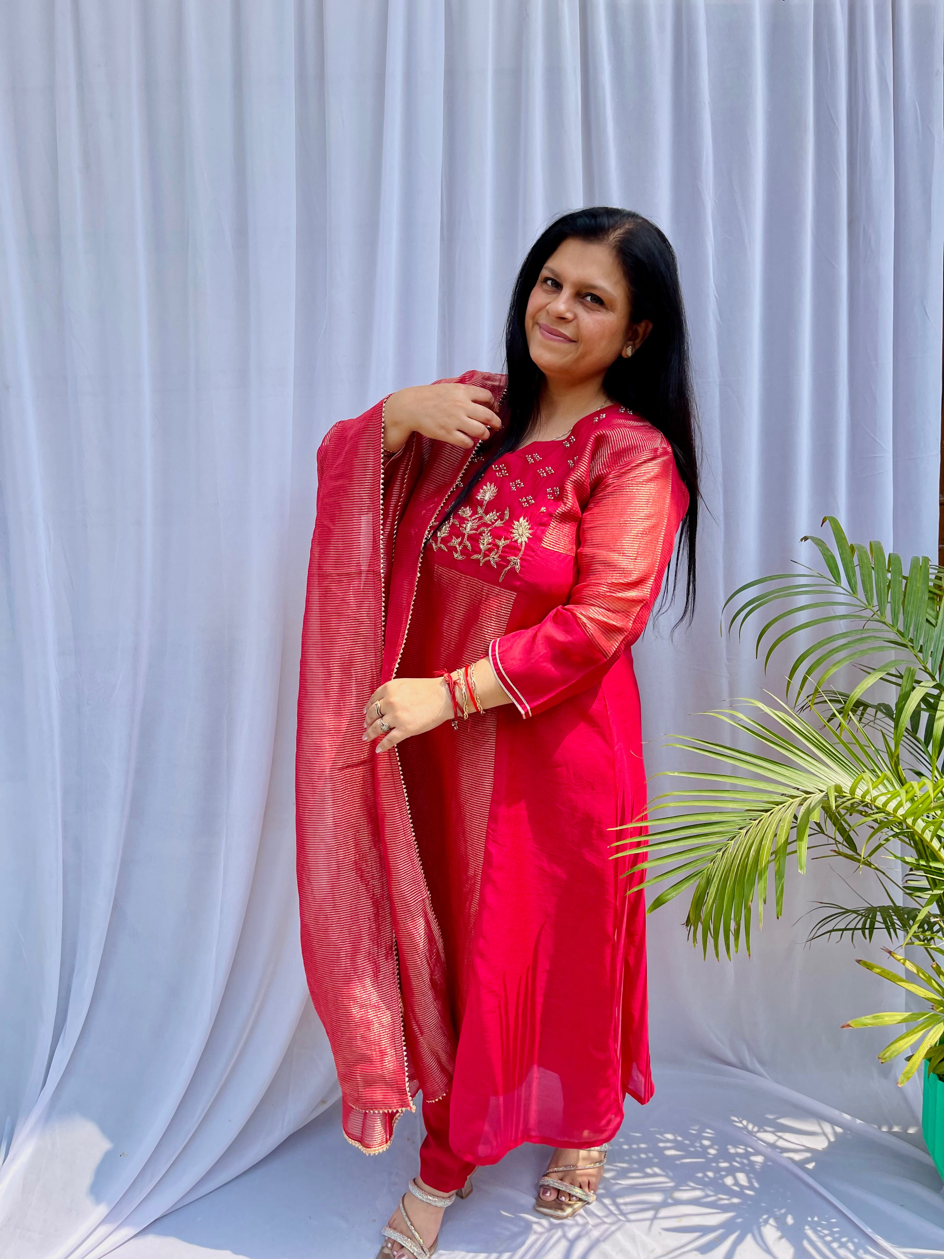 Red embroidered luxe suit set for women with sheer dupatta festive wedding wear