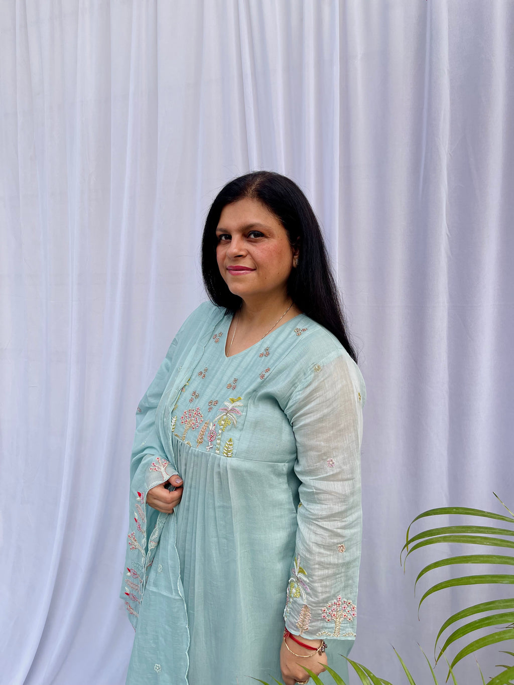 blue suit women, embroidered kurta set, pastel ethnic wear, festive suit women, summer wedding outfit