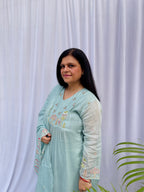 blue suit women, embroidered kurta set, pastel ethnic wear, festive suit women, summer wedding outfit