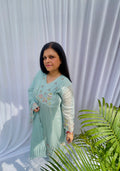 blue suit women, embroidered kurta set, pastel ethnic wear, festive suit women, summer wedding outfit