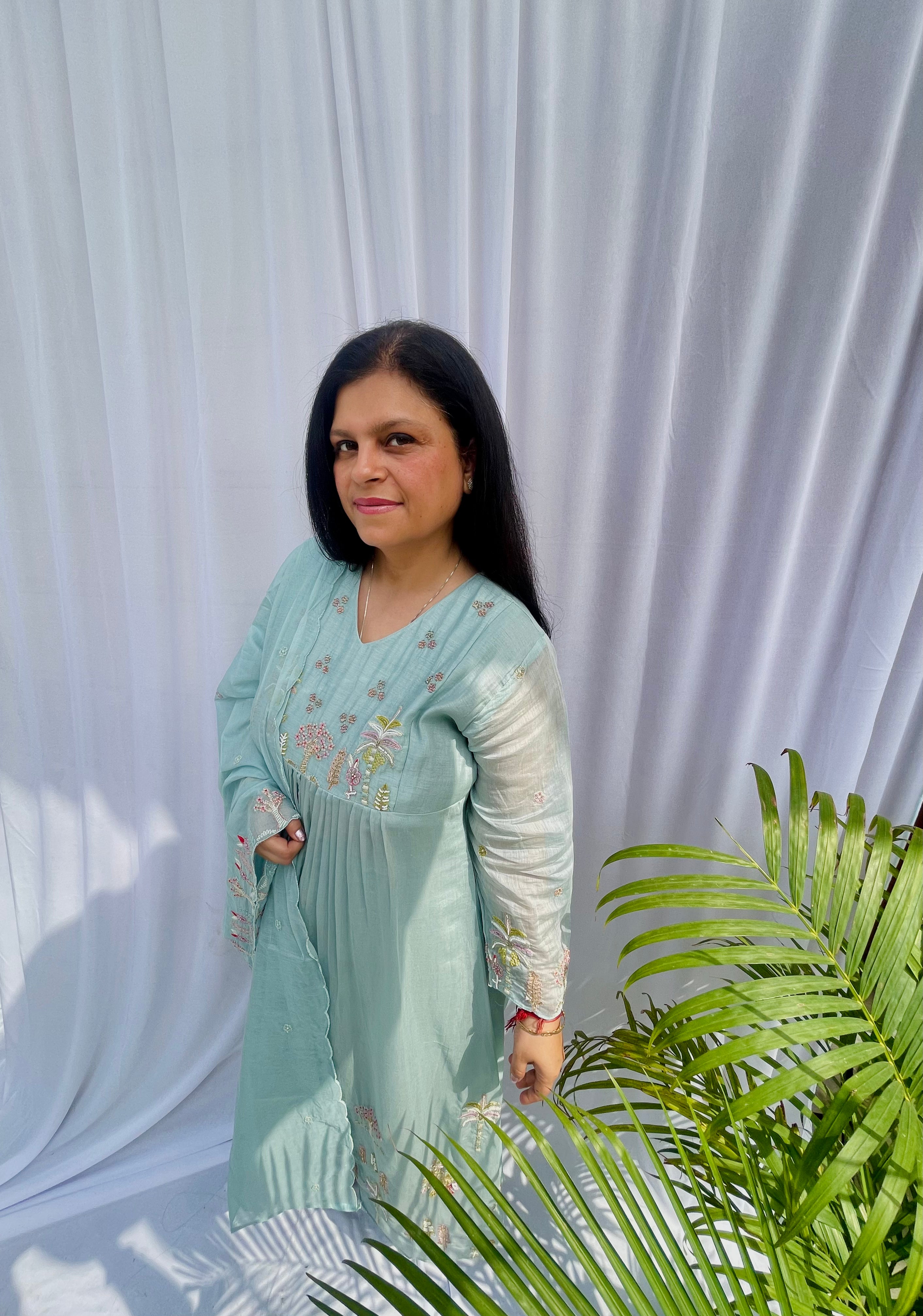 blue suit women, embroidered kurta set, pastel ethnic wear, festive suit women, summer wedding outfit