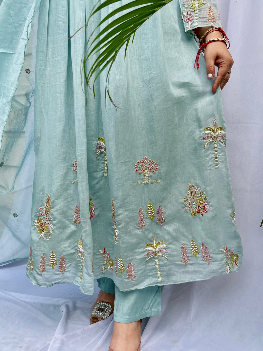 blue suit women, embroidered kurta set, pastel ethnic wear, festive suit women, summer wedding outfit