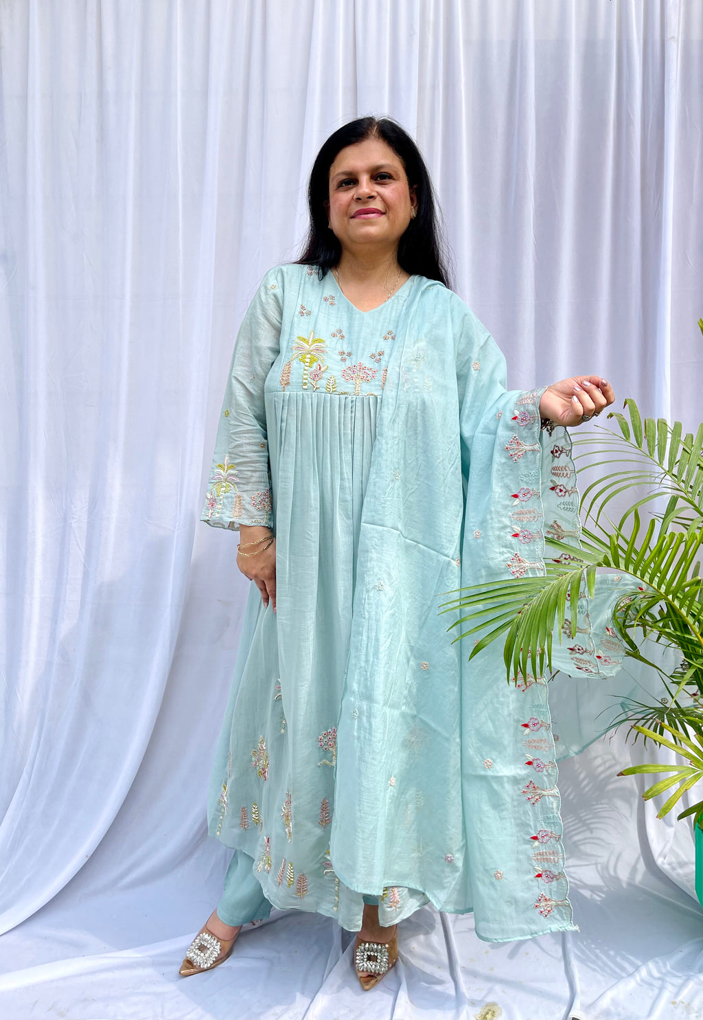 blue suit women, embroidered kurta set, pastel ethnic wear, festive suit women, summer wedding outfit