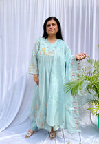 blue suit women, embroidered kurta set, pastel ethnic wear, festive suit women, summer wedding outfit