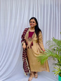 Gold and maroon embroidered luxe suit set with tassel neckline and dupatta wedding wear for women
