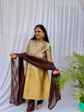 Gold and brown embroidered luxe suit set for women with sheer dupatta elegant wedding wear