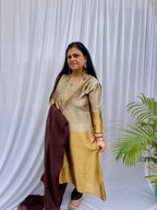 Gold and brown embroidered luxe suit set for women with sheer dupatta elegant wedding wear