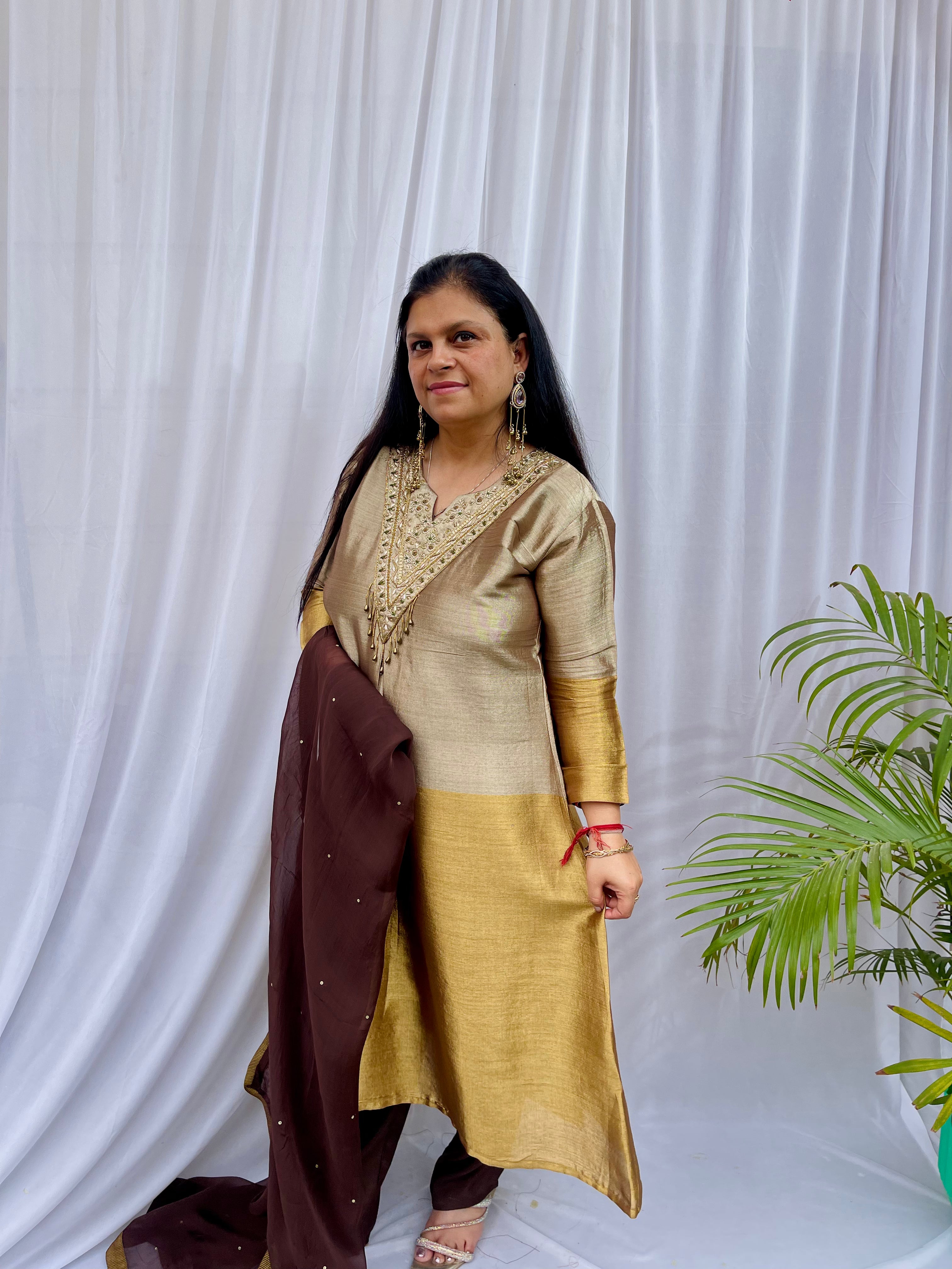 Gold and brown embroidered luxe suit set for women with sheer dupatta elegant wedding wear