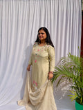 Cream embroidered luxe suit set for women with sheer dupatta pastel festive wear