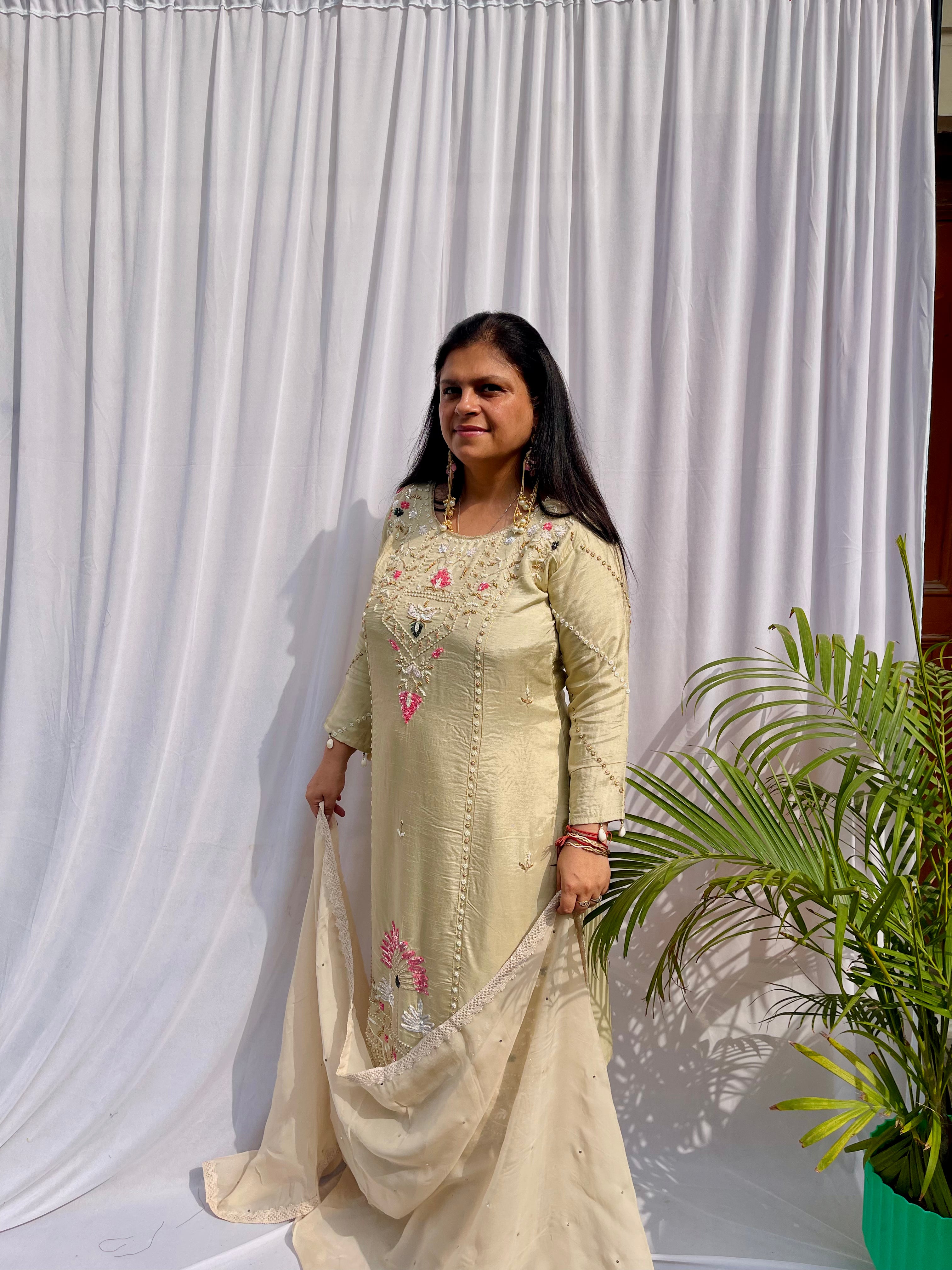 Cream embroidered luxe suit set for women with sheer dupatta pastel festive wear