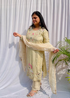 Cream embroidered luxe suit set for women with sheer dupatta pastel festive wear