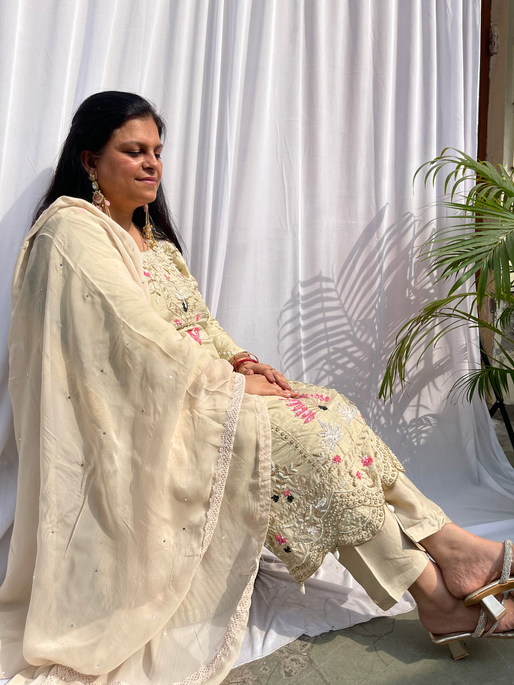 Cream embroidered luxe suit set for women with sheer dupatta pastel festive wear