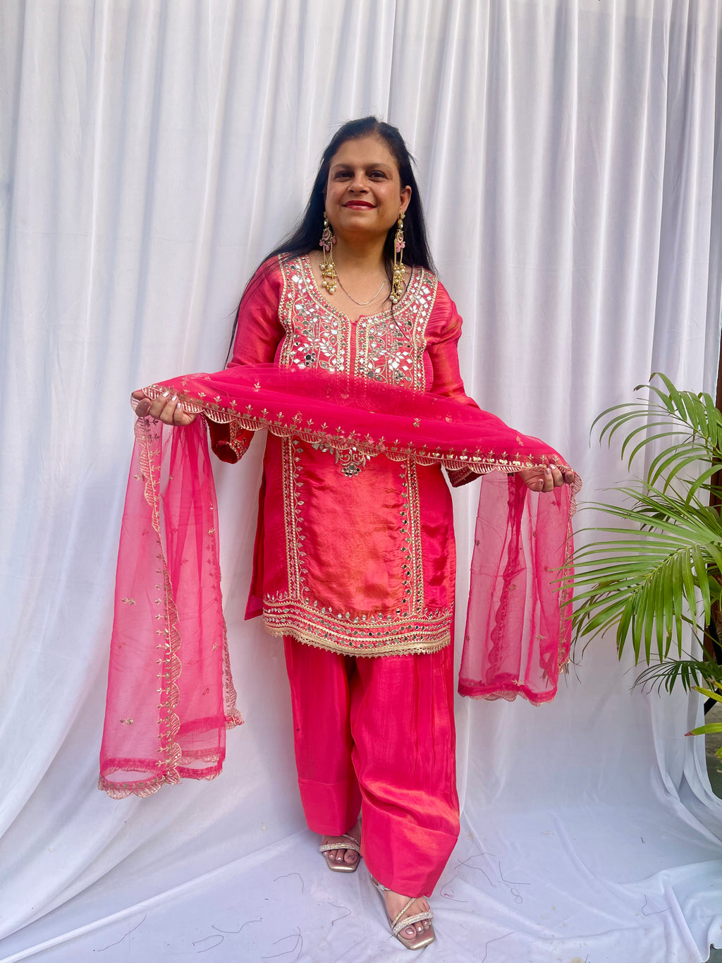 Hot pink embroidered luxe suit set for women with sheer dupatta wedding festive wear