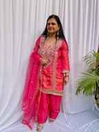 Hot pink embroidered luxe suit set for women with sheer dupatta wedding festive wear