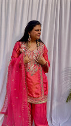Hot pink embroidered luxe suit set for women with sheer dupatta wedding festive wear