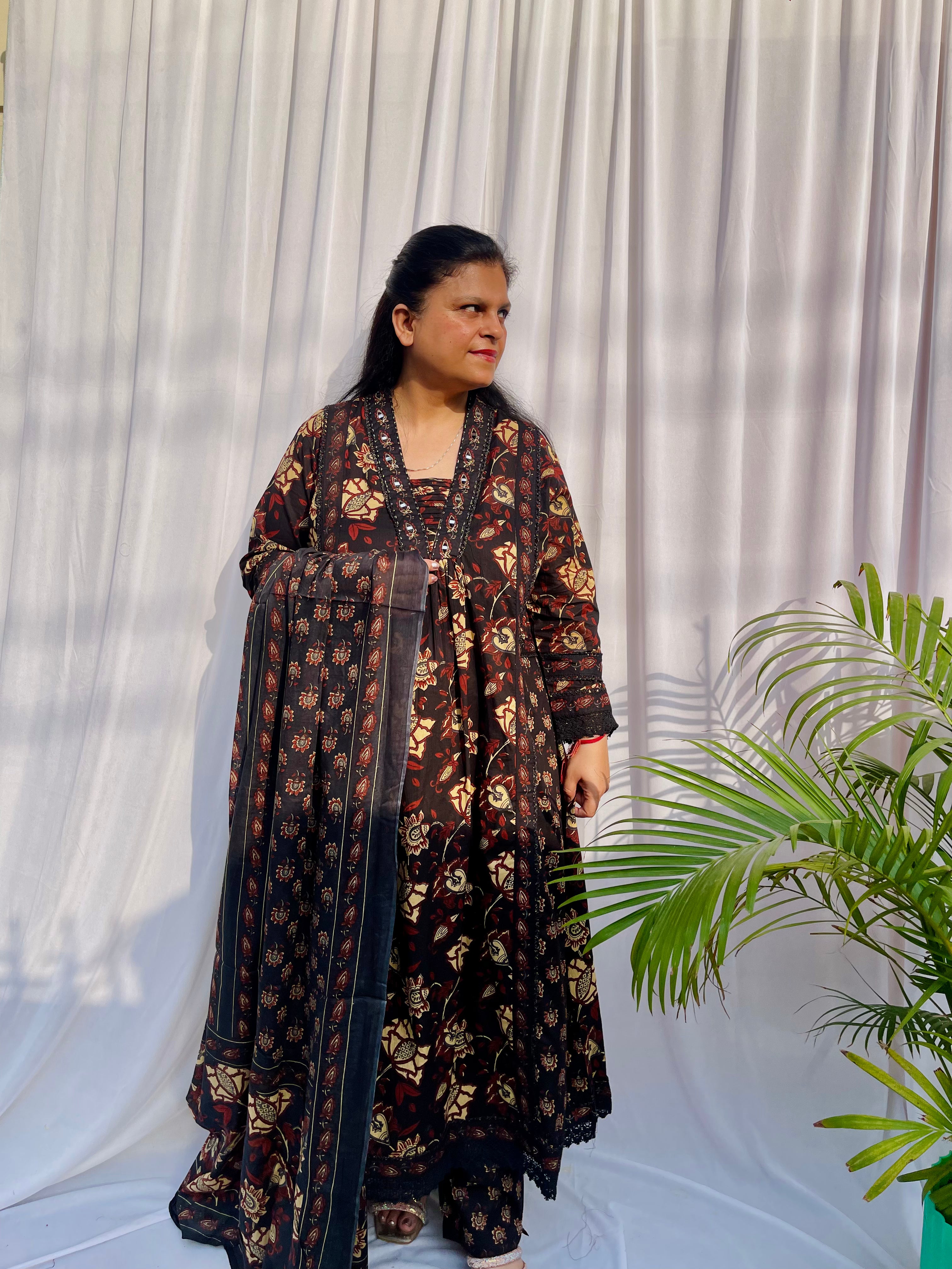 Black floral printed luxe suit set for women with matching dupatta festive and evening wear