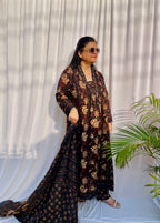 Black floral printed luxe suit set for women with matching dupatta festive and evening wear