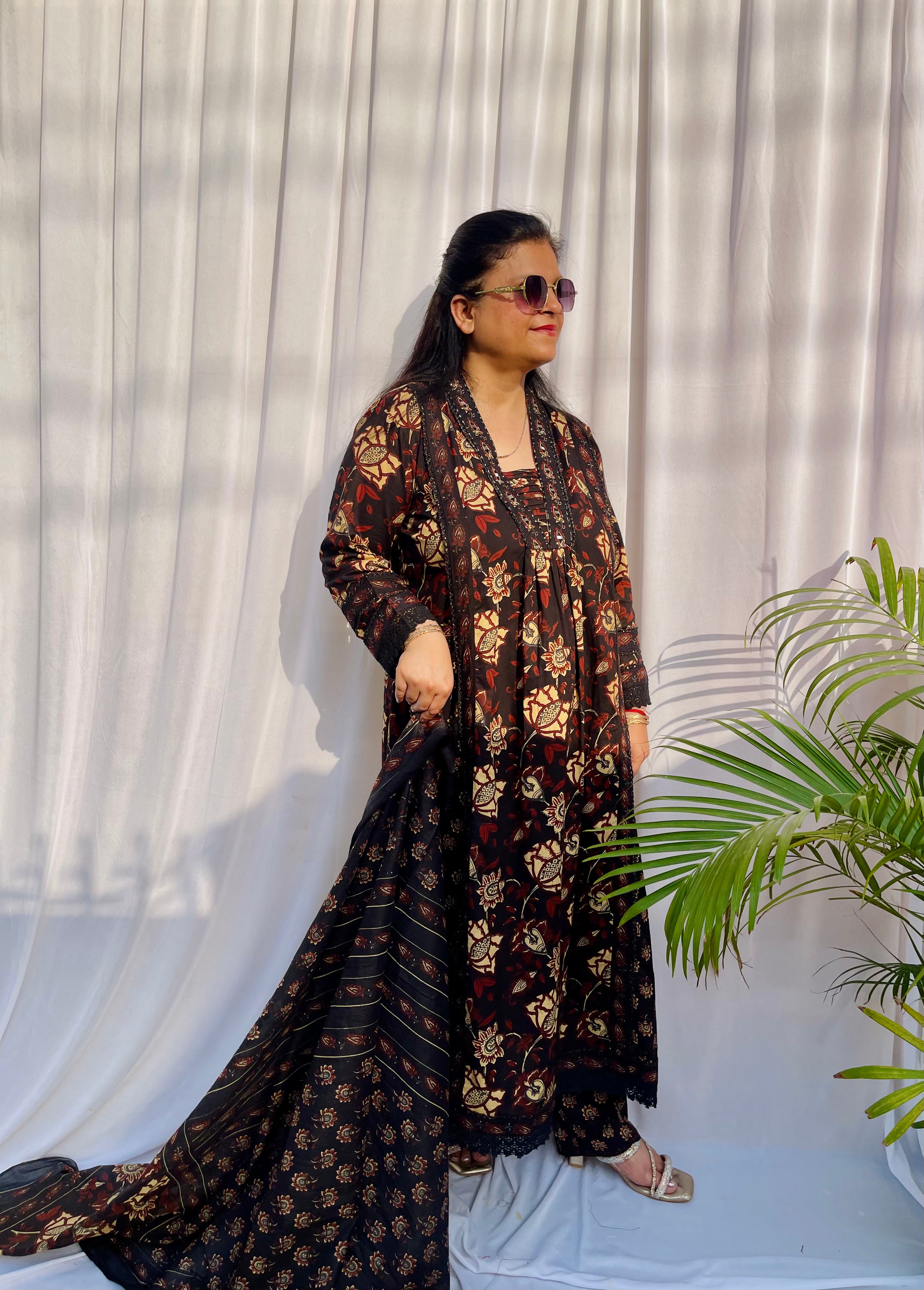 Black floral printed luxe suit set for women with matching dupatta festive and evening wear