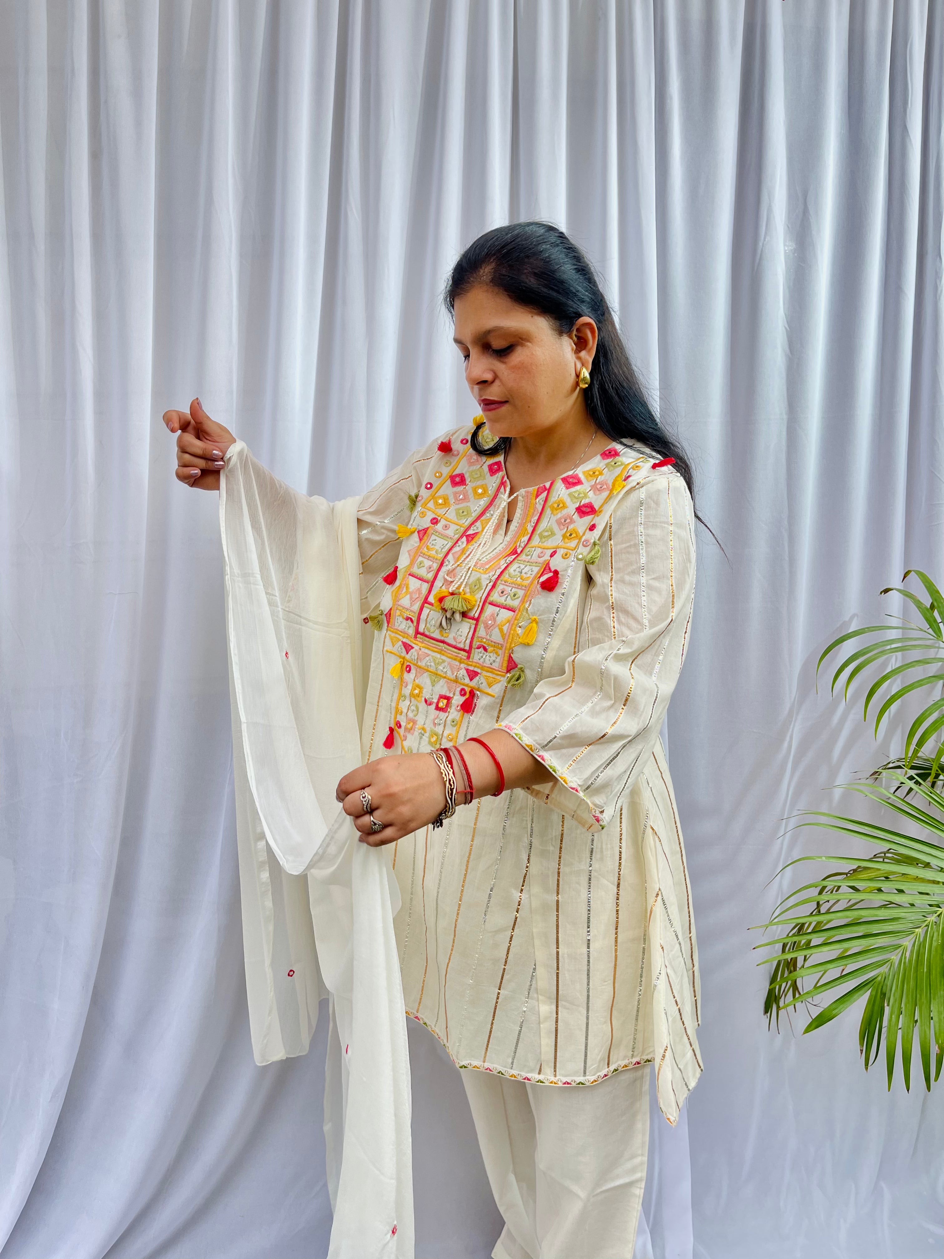 Ivory Embroidered Kurta Set with Tassel Details