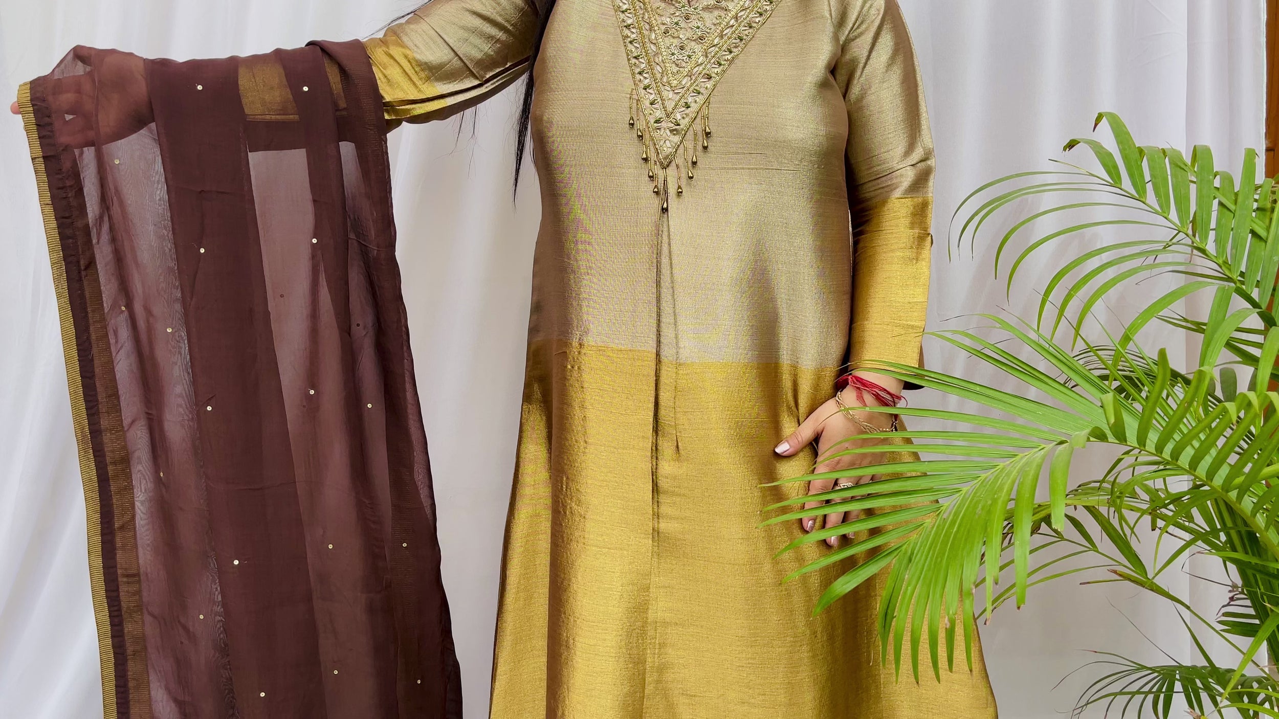 Gold and brown embroidered luxe suit set for women with sheer dupatta elegant wedding wear