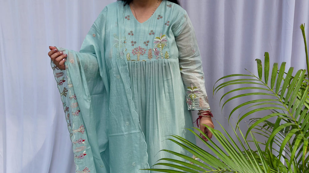 blue suit women, embroidered kurta set, pastel ethnic wear, festive suit women, summer wedding outfit