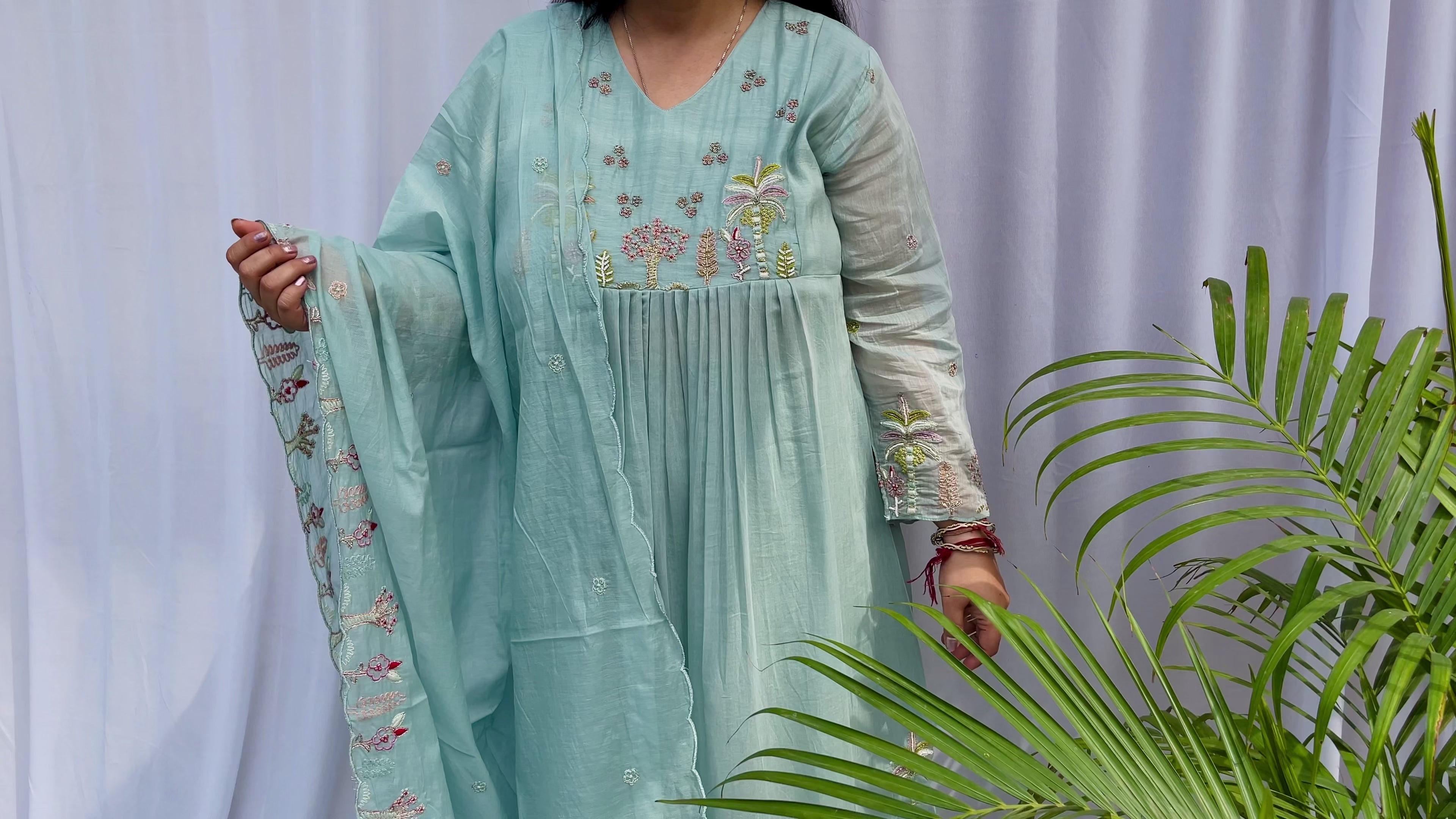 blue suit women, embroidered kurta set, pastel ethnic wear, festive suit women, summer wedding outfit