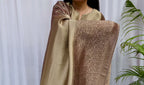 Beige and bronze silk blend kurta set with woven dupatta for women festive wear