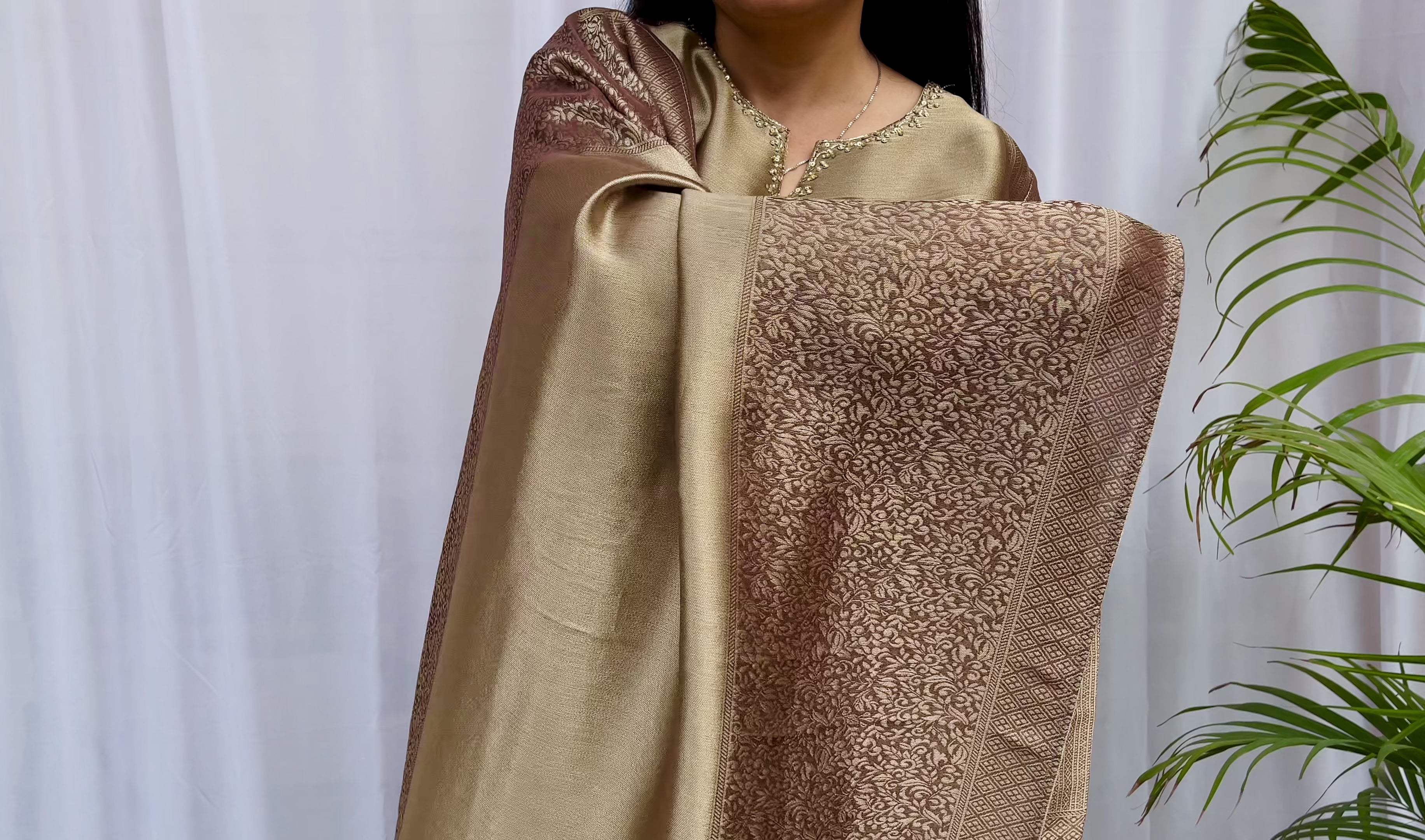 Beige and bronze silk blend kurta set with woven dupatta for women festive wear