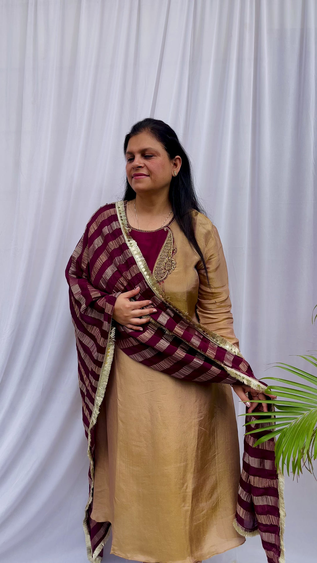 Gold and maroon embroidered luxe suit set with tassel neckline and dupatta wedding wear for women