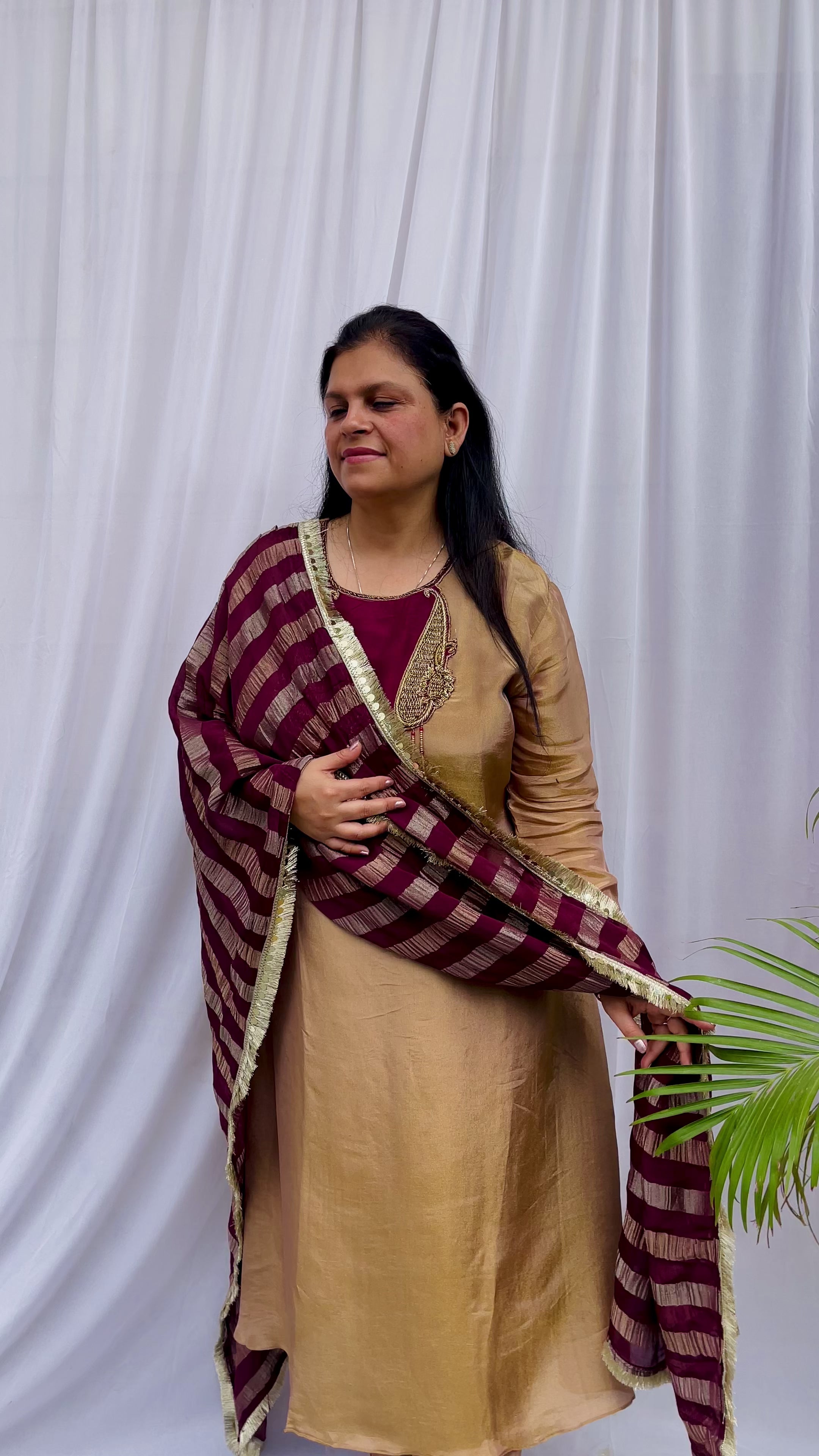Gold and maroon embroidered luxe suit set with tassel neckline and dupatta wedding wear for women