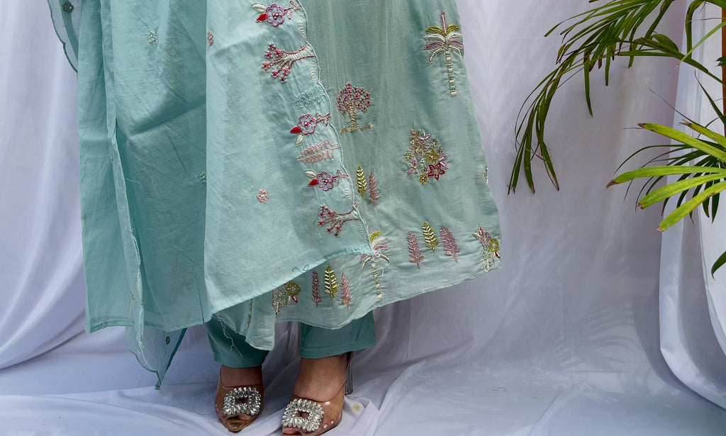 blue suit women, embroidered kurta set, pastel ethnic wear, festive suit women, summer wedding outfit