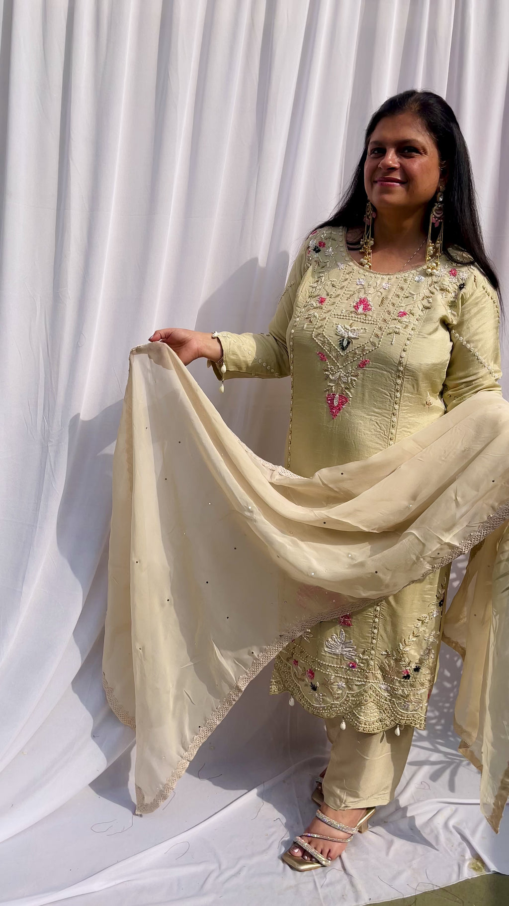 Cream embroidered luxe suit set for women with sheer dupatta pastel festive wear