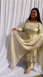 Cream embroidered luxe suit set for women with sheer dupatta pastel festive wear