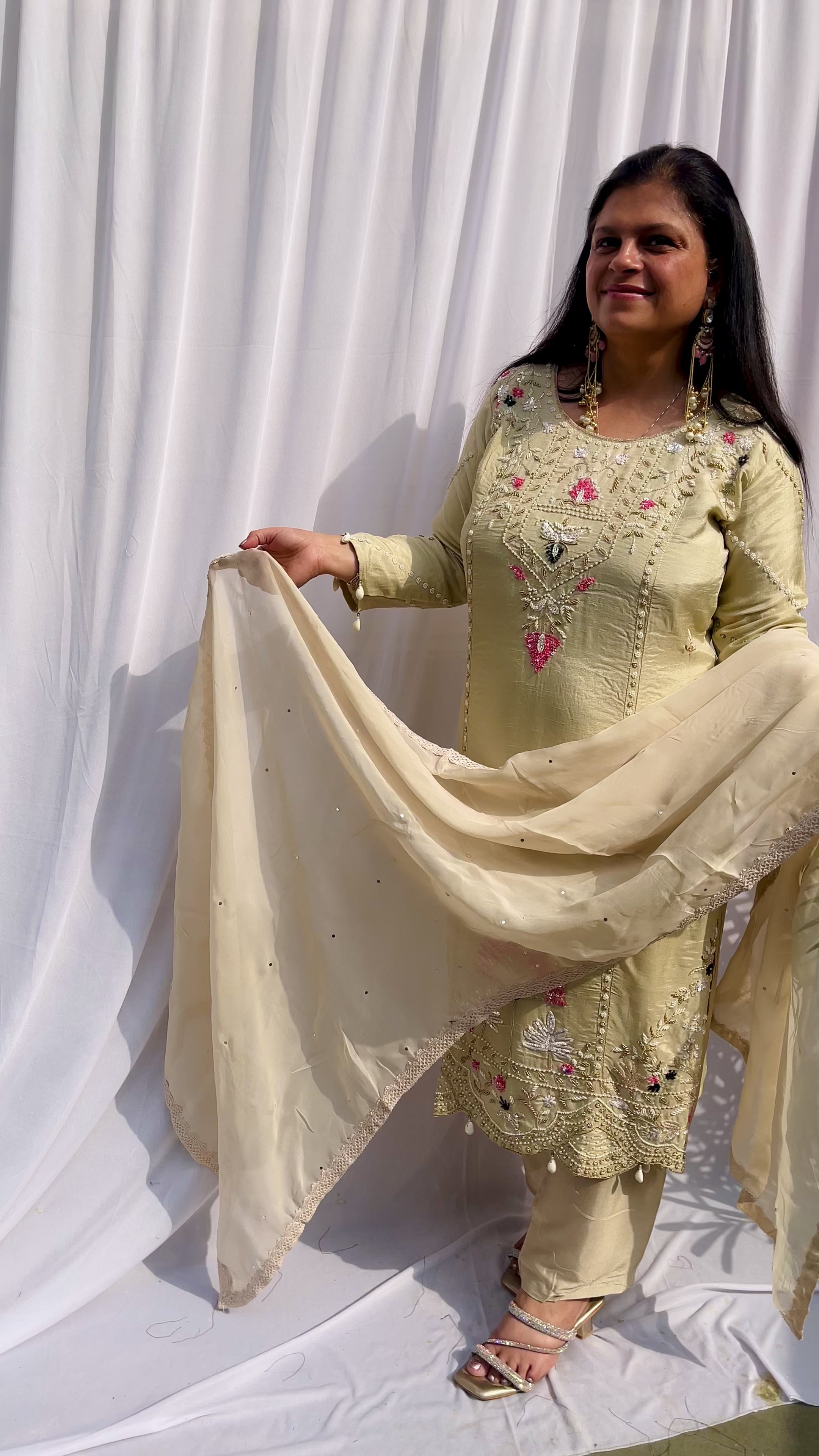 Cream embroidered luxe suit set for women with sheer dupatta pastel festive wear